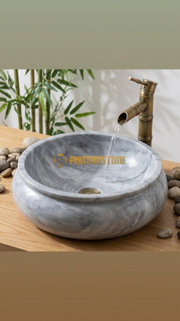 Chậu Rửa (Lavabo) Đá Xám Vân Mây Tròn Có Phào 41 Cao 14
