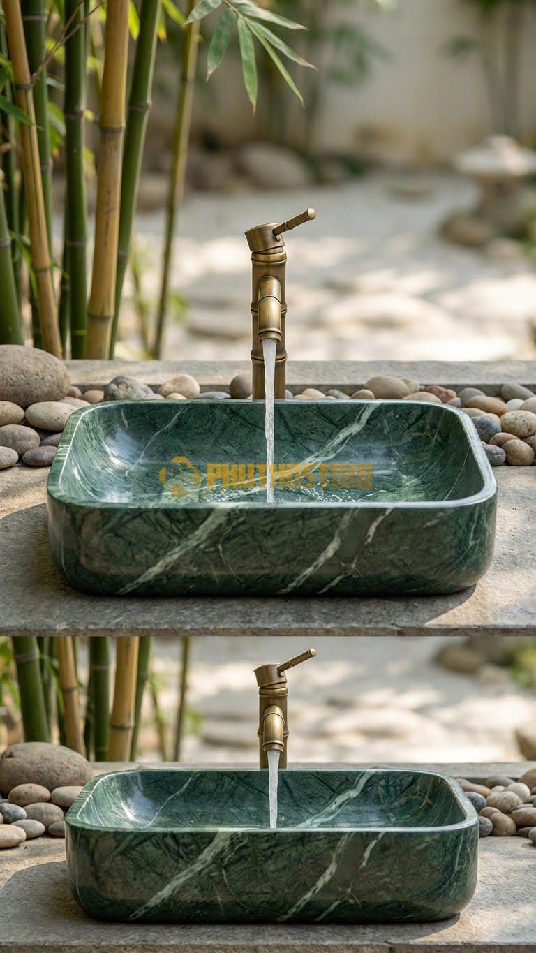 Chậu Rửa (Lavabo) Đá Xanh Ấn Chữ Nhật Vát 58 cm x 38 cm x 11cm