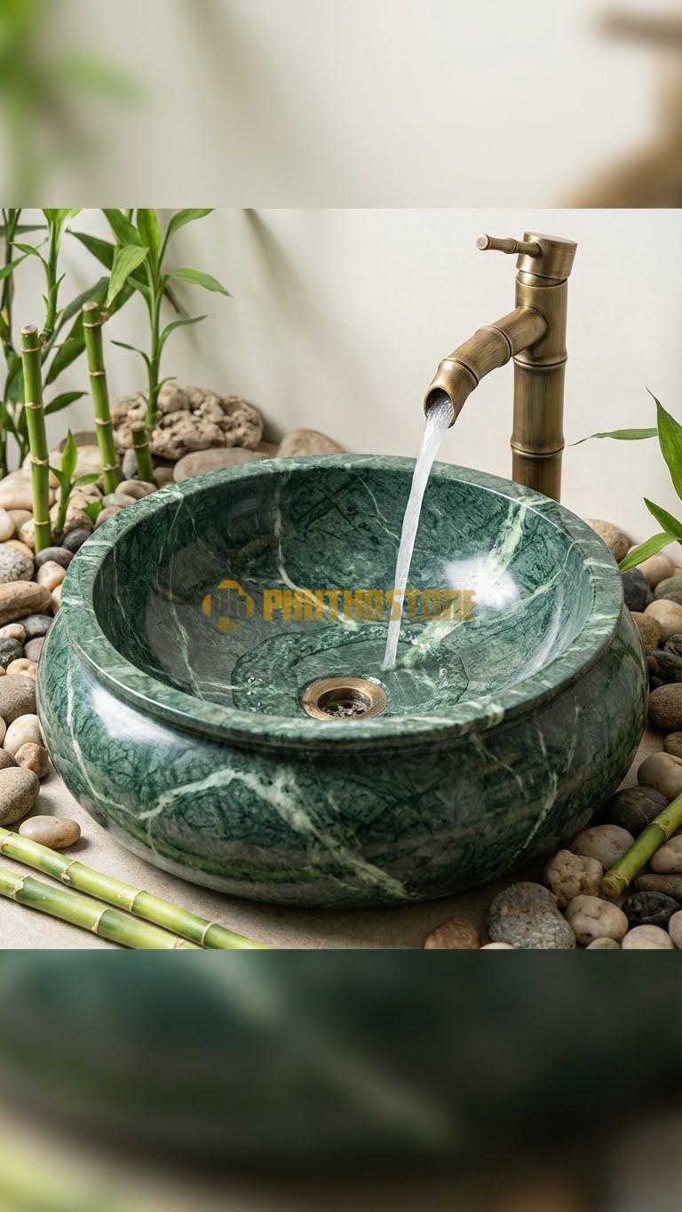 Chậu Rửa (Lavabo) Đá Xanh Ấn Tròn Có Phào 41 Cao 14