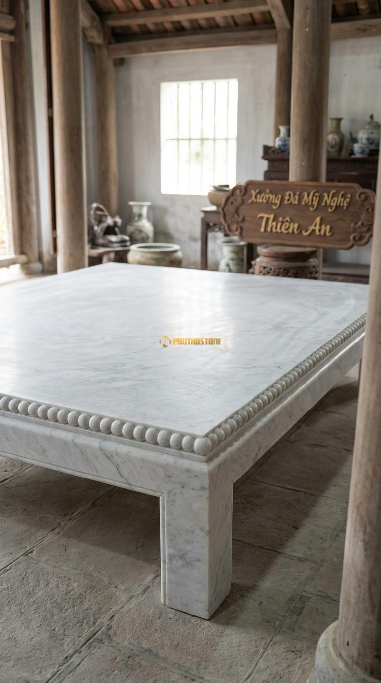 Chiếu Ngựa Cạnh Đục Hạt Cườm Đá Trắng Yên Bái Mặt trơn, cạnh chạy dây hạt cườm tròn bao quanh, Kích thước 1m6 x 2m0 x 15cm