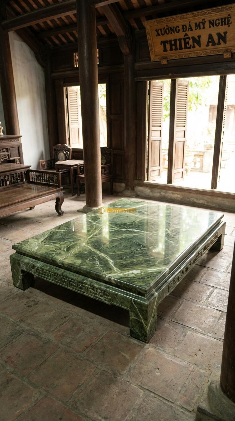 Chiếu Ngựa Viền Triện Đá Xanh Ấn Mặt trơn, cạnh bên khắc hoa văn Triện Tàu, Kích thước 1m8 x 2m5 x 15cm