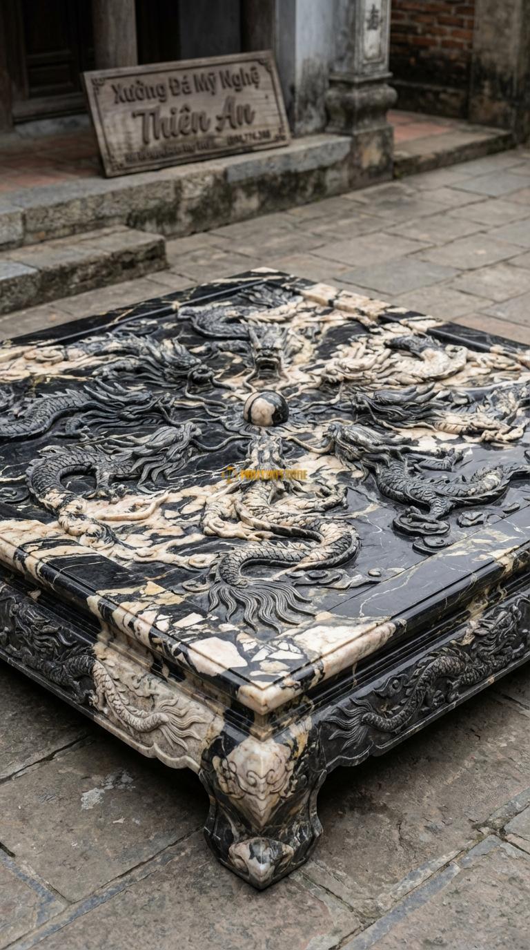 Chiếu Rồng Nhà Thờ Họ Đá Da Báo Cửu Long Tranh Châu (Chín rồng vờn ngọc – biểu tượng quyền lực tối cao), Kích thước 167 x 167 (Vuông)
