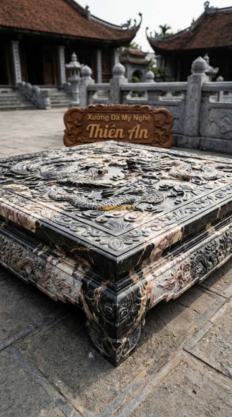 Chiếu Rồng Nhà Thờ Họ Đá Da Báo Long Phượng Sum Vầy (Rồng và Phượng múa lượn đối xứng), Kích thước 117 x 117 (Vuông)