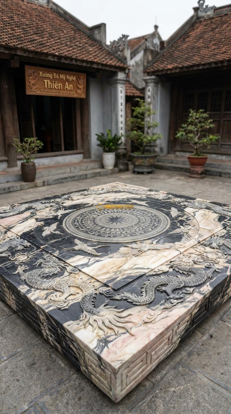 Chiếu Rồng Nhà Thờ Họ Đá Da Báo Mặt Trống Đồng Đông Sơn (Hoa văn trống đồng cổ kết hợp hạc bay), Kích thước 147 x 147 (Vuông)