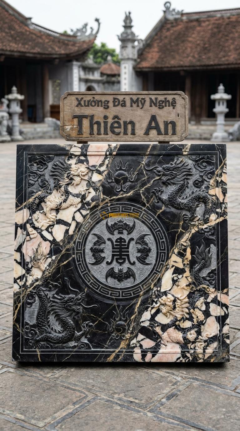 Chiếu Rồng Nhà Thờ Họ Đá Da Báo Ngũ Phúc Lâm Môn (5 con dơi ngậm chữ Thọ, viền triện Tàu), Kích thước 127 x 127 (Vuông)