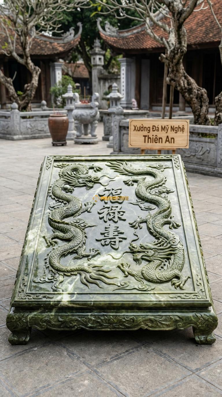 Chiếu Rồng Nhà Thờ Họ Đá Serpentine Chữ Phúc Lộc Thọ (Ba chữ Hán hoặc Việt thư pháp lồng vào nhau), Kích thước 107 x 147 (Chữ nhật)