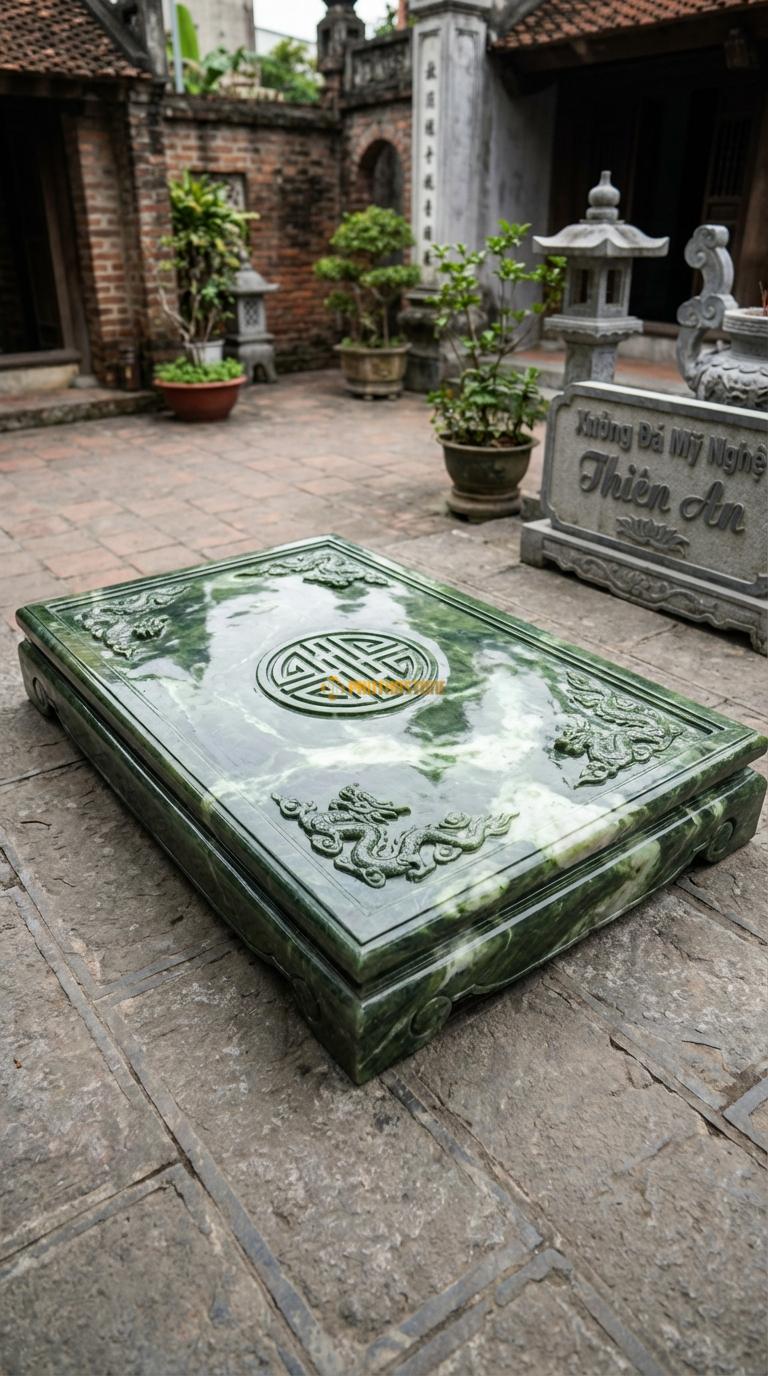Chiếu Rồng Nhà Thờ Họ Đá Serpentine Chữ Thọ Đỉnh (Chữ Thọ tròn ở giữa, 4 góc là 4 rồng mây nhỏ), Kích thước 89 x 147 (Chữ nhật)
