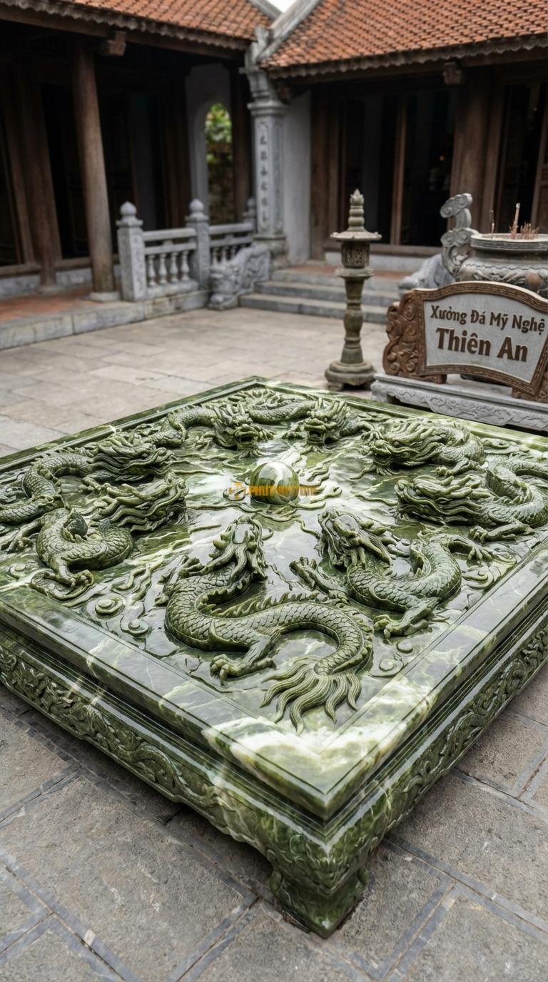 Chiếu Rồng Nhà Thờ Họ Đá Serpentine Cửu Long Tranh Châu (Chín rồng vờn ngọc – biểu tượng quyền lực tối cao), Kích thước 167 x 167 (Vuông)