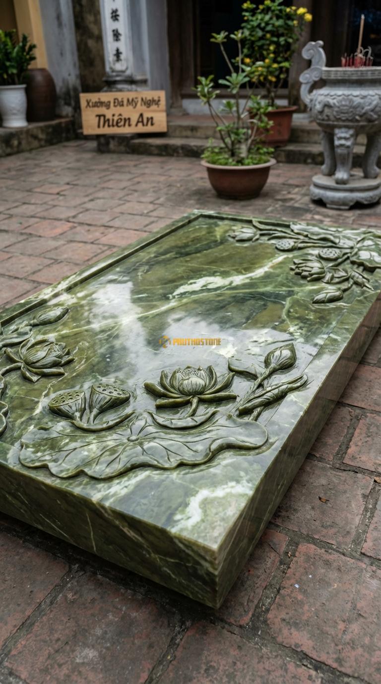 Chiếu Rồng Nhà Thờ Họ Đá Serpentine Đầm Sen Tinh Khiết (Hoa sen, lá sen và đài sen tự nhiên, không có rồng), Kích thước 61 x 107 (Chữ nhật)