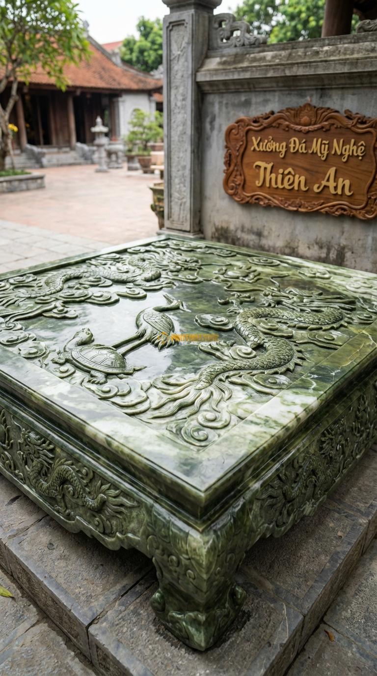 Chiếu Rồng Nhà Thờ Họ Đá Serpentine Hạc Ngự Xe Mây (Chim hạc đứng trên lưng rùa hoặc cưỡi mây), Kích thước 107 x 107 (Vuông)