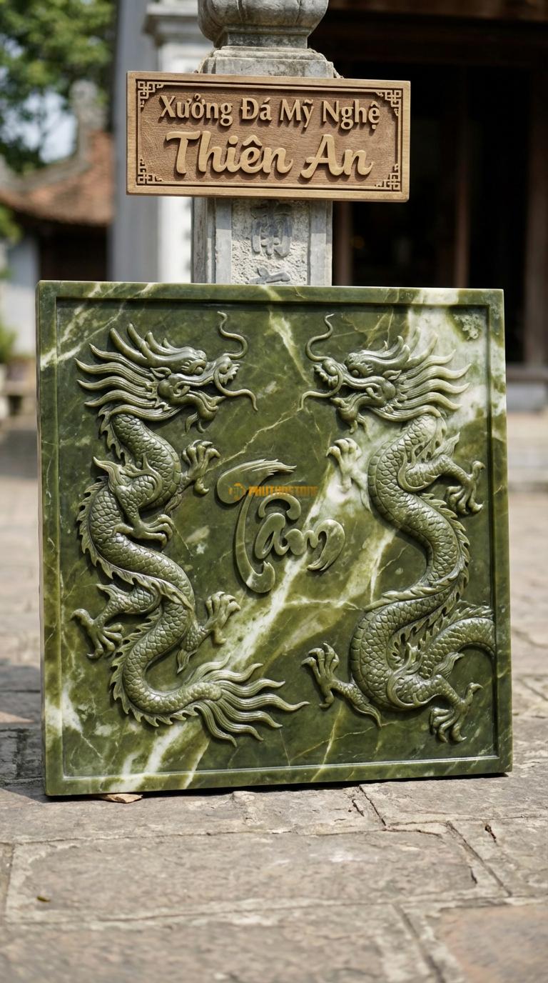 Chiếu Rồng Nhà Thờ Họ Đá Serpentine Lưỡng Long Chầu Chữ Tâm (Hai rồng chầu vào chữ Tâm thư pháp), Kích thước 81 x 81 (Vuông)