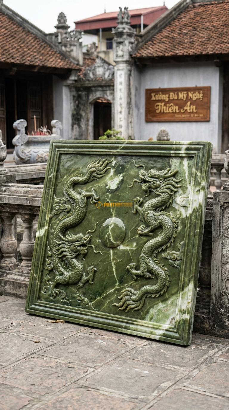 Chiếu Rồng Nhà Thờ Họ Đá Serpentine Lưỡng Long Chầu Nguyệt (Hai rồng chầu mặt nguyệt – mẫu kinh điển nhất), Kích thước 147 x 147 (Vuông)