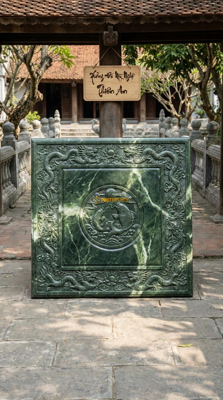 Chiếu Rồng Nhà Thờ Họ Đá Serpentine Lý Ngư Vọng Nguyệt (Cá chép trông trăng kết hợp viền Rồng hóa mây), Kích thước 133 x 133 (Vuông)