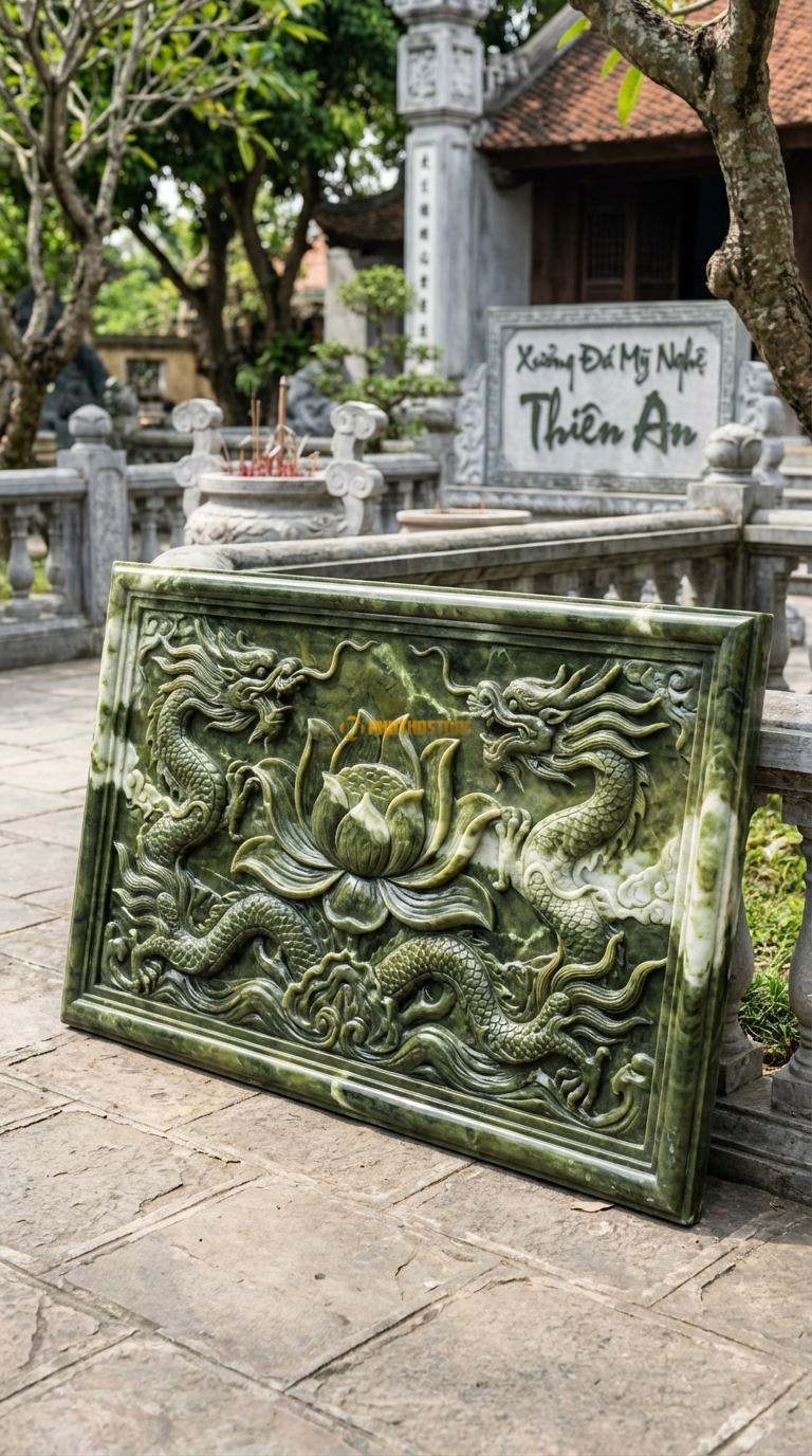 Chiếu Rồng Nhà Thờ Họ Đá Serpentine Sen Hóa Rồng (Đóa sen nở rộ, các cánh sen cách điệu thành đầu rồng), Kích thước 81 x 127 (Chữ nhật)