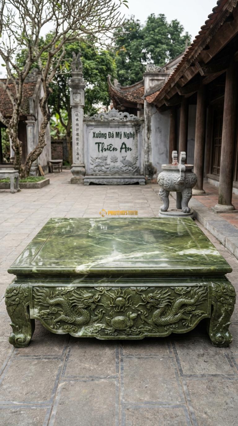 Chiếu Rồng Nhà Thờ Họ Đá Serpentine Tứ Linh Hội Tụ (Long – Lân – Quy – Phụng xen kẽ mây lửa), Kích thước 155 x 155 (Vuông)