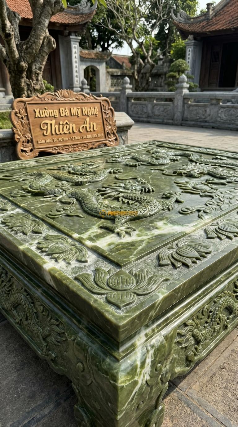 Chiếu Rồng Nhà Thờ Họ Đá Serpentine Tùng Cúc Trúc Mai (Tứ quý hóa Tứ linh, viền cánh sen cách điệu), Kích thước 107 x 127 (Chữ nhật)
