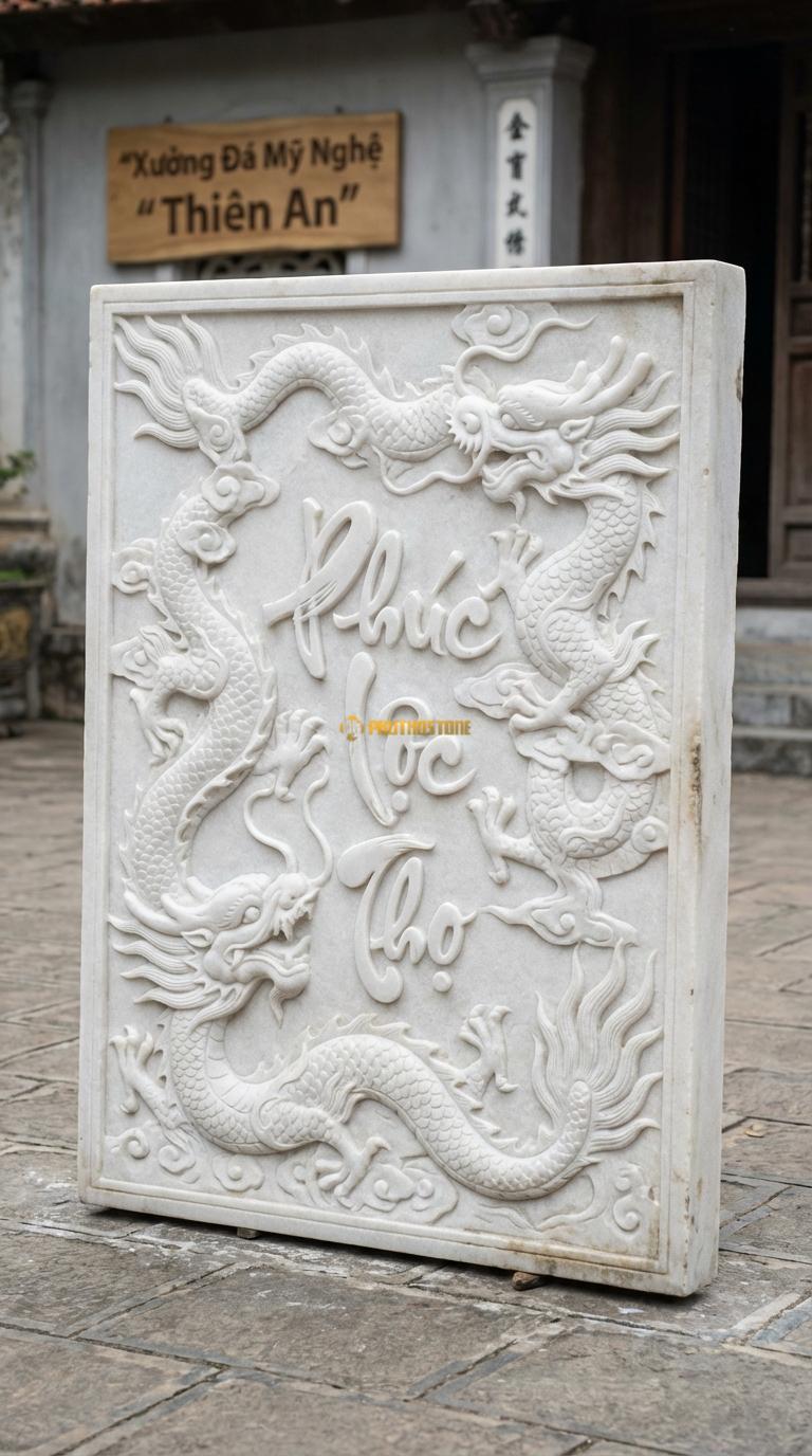 Chiếu Rồng Nhà Thờ Họ Đá Trắng Muối Chữ Phúc Lộc Thọ (Ba chữ Hán hoặc Việt thư pháp lồng vào nhau), Kích thước 107 x 147 (Chữ nhật)