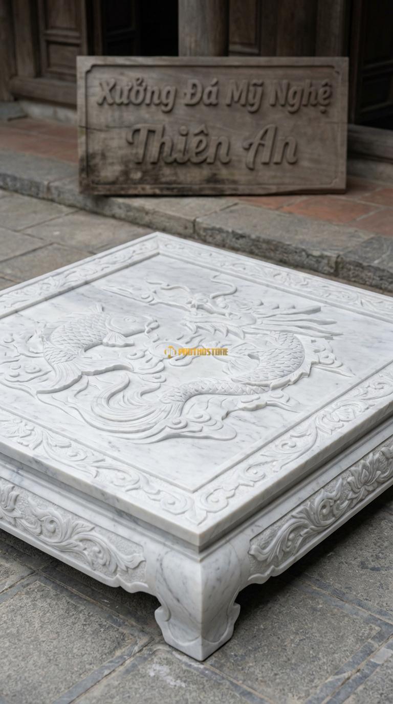 Chiếu Rồng Nhà Thờ Họ Đá Trắng Yên Bái Cá Chép Hóa Rồng (Cá chép vượt vũ môn – biểu tượng sự thăng tiến, siêu thoát), Kích thước 89 x 89 (Vuông)