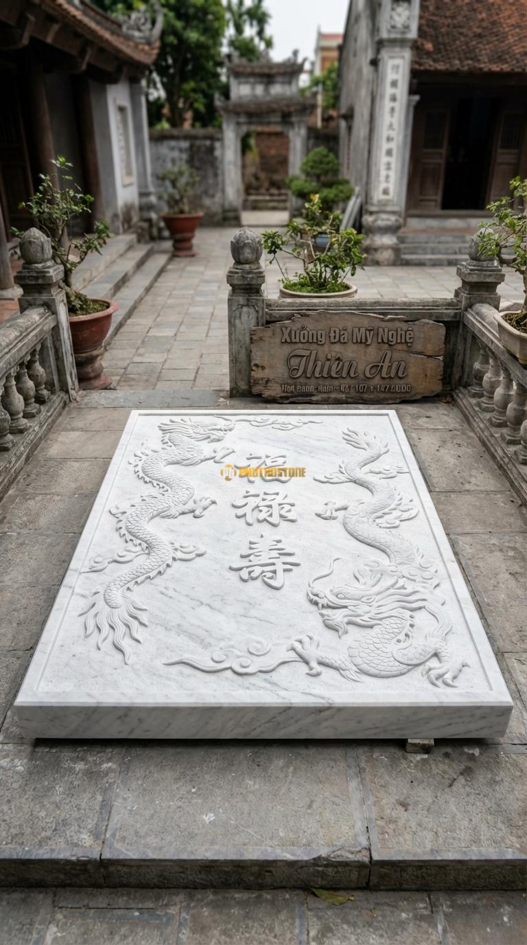 Chiếu Rồng Nhà Thờ Họ Đá Trắng Yên Bái Chữ Phúc Lộc Thọ (Ba chữ Hán hoặc Việt thư pháp lồng vào nhau), Kích thước 107 x 147 (Chữ nhật)
