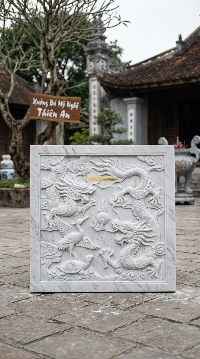 Chiếu Rồng Nhà Thờ Họ Đá Trắng Yên Bái Hạc Ngự Xe Mây (Chim hạc đứng trên lưng rùa hoặc cưỡi mây), Kích thước 107 x 107 (Vuông)
