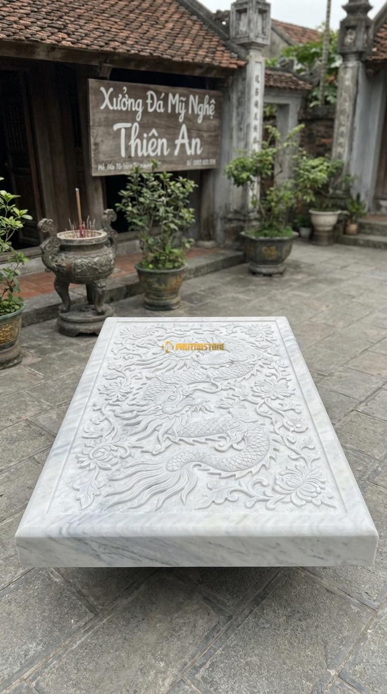 Chiếu Rồng Nhà Thờ Họ Đá Trắng Yên Bái Hoa Cúc Vạn Thọ (Hoa văn cúc dây leo phủ kín bề mặt), Kích thước 69 x 107 (Chữ nhật)