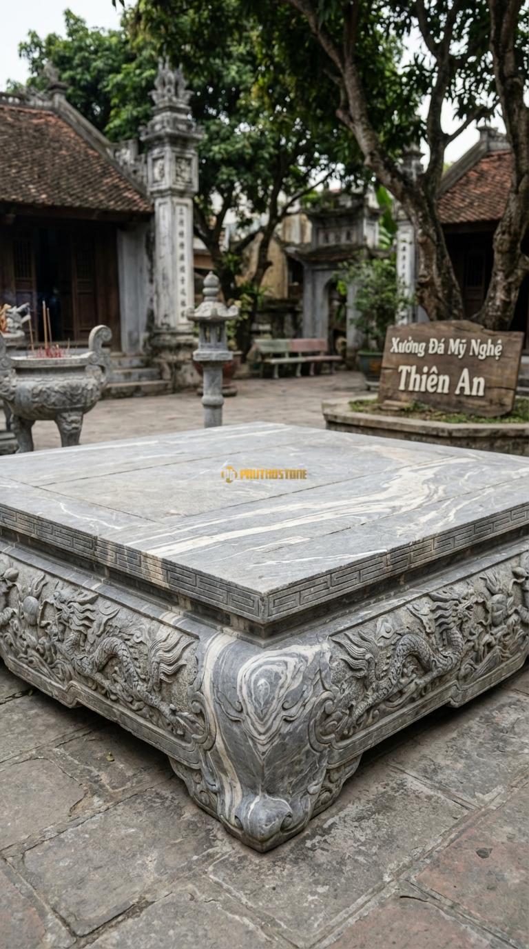 Chiếu Rồng Nhà Thờ Họ Đá Vân Mây Bát Tiên Quá Hải (8 vị tiên vượt biển – mẫu hiếm, đục kênh bong), Kích thước 212 x 212 (Đại)