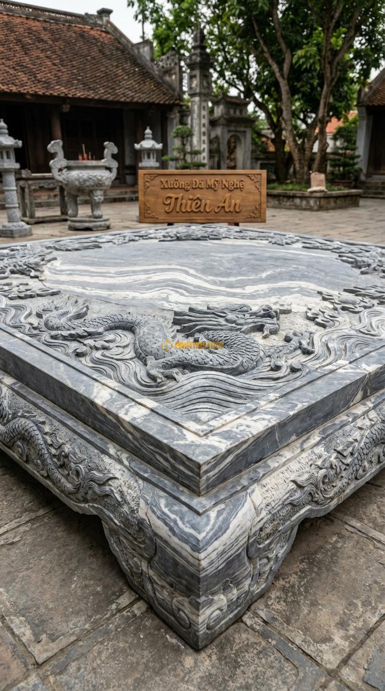 Chiếu Rồng Nhà Thờ Họ Đá Vân Mây Rồng Cuộn Thủy Ba (Rồng cưỡi sóng nước – phù hợp đình chùa gần sông nước), Kích thước 176 x 176 (Vuông)