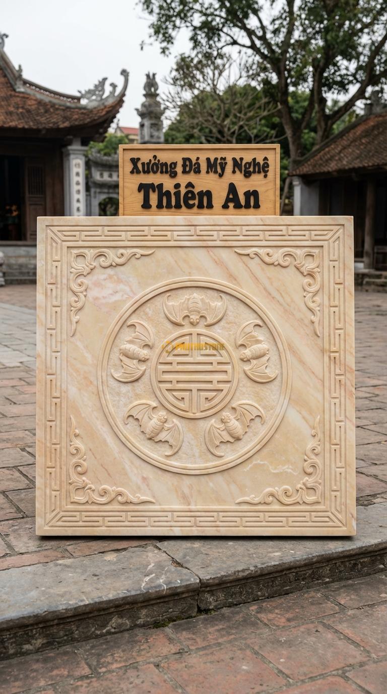 Chiếu Rồng Nhà Thờ Họ Đá Vàng Nghệ An Ngũ Phúc Lâm Môn (5 con dơi ngậm chữ Thọ, viền triện Tàu), Kích thước 127 x 127 (Vuông)