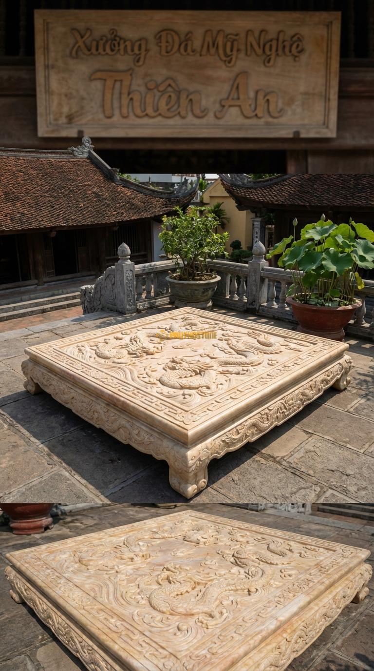 Chiếu Rồng Nhà Thờ Họ Đá Vàng Nghệ An Rồng Cuộn Thủy Ba (Rồng cưỡi sóng nước – phù hợp đình chùa gần sông nước), Kích thước 176 x 176 (Vuông)