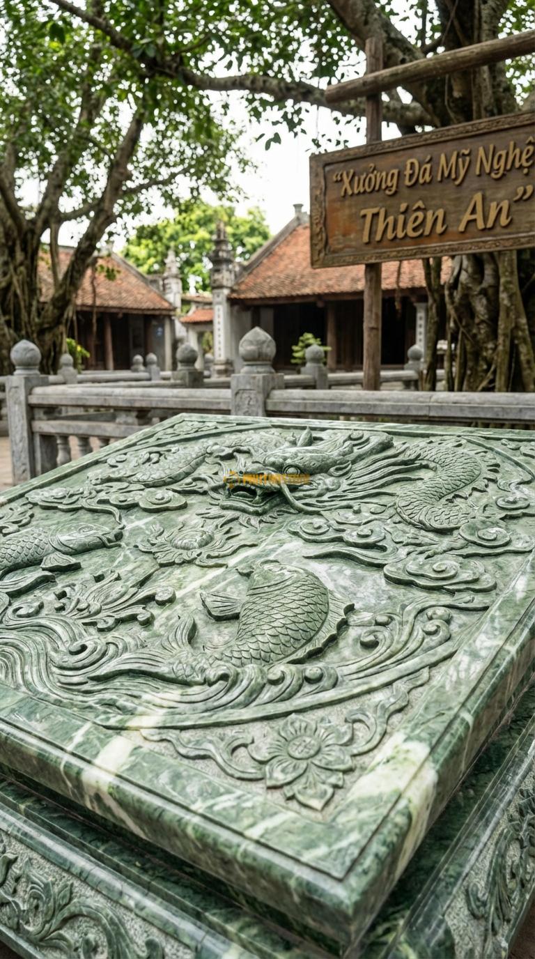 Chiếu Rồng Nhà Thờ Họ Đá Xanh Ấn Cá Chép Hóa Rồng (Cá chép vượt vũ môn – biểu tượng sự thăng tiến, siêu thoát), Kích thước 89 x 89 (Vuông)