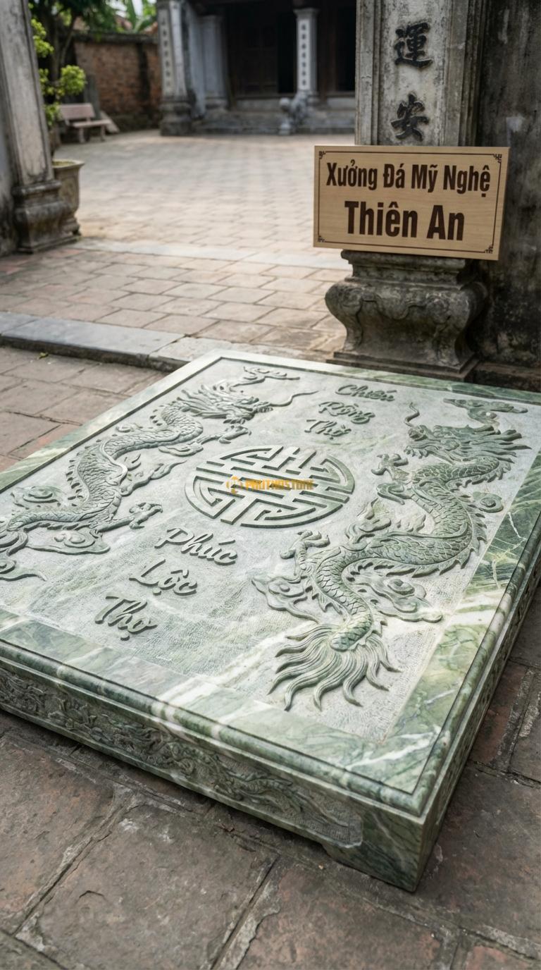 Chiếu Rồng Nhà Thờ Họ Đá Xanh Ấn Chữ Phúc Lộc Thọ (Ba chữ Hán hoặc Việt thư pháp lồng vào nhau), Kích thước 107 x 147 (Chữ nhật)