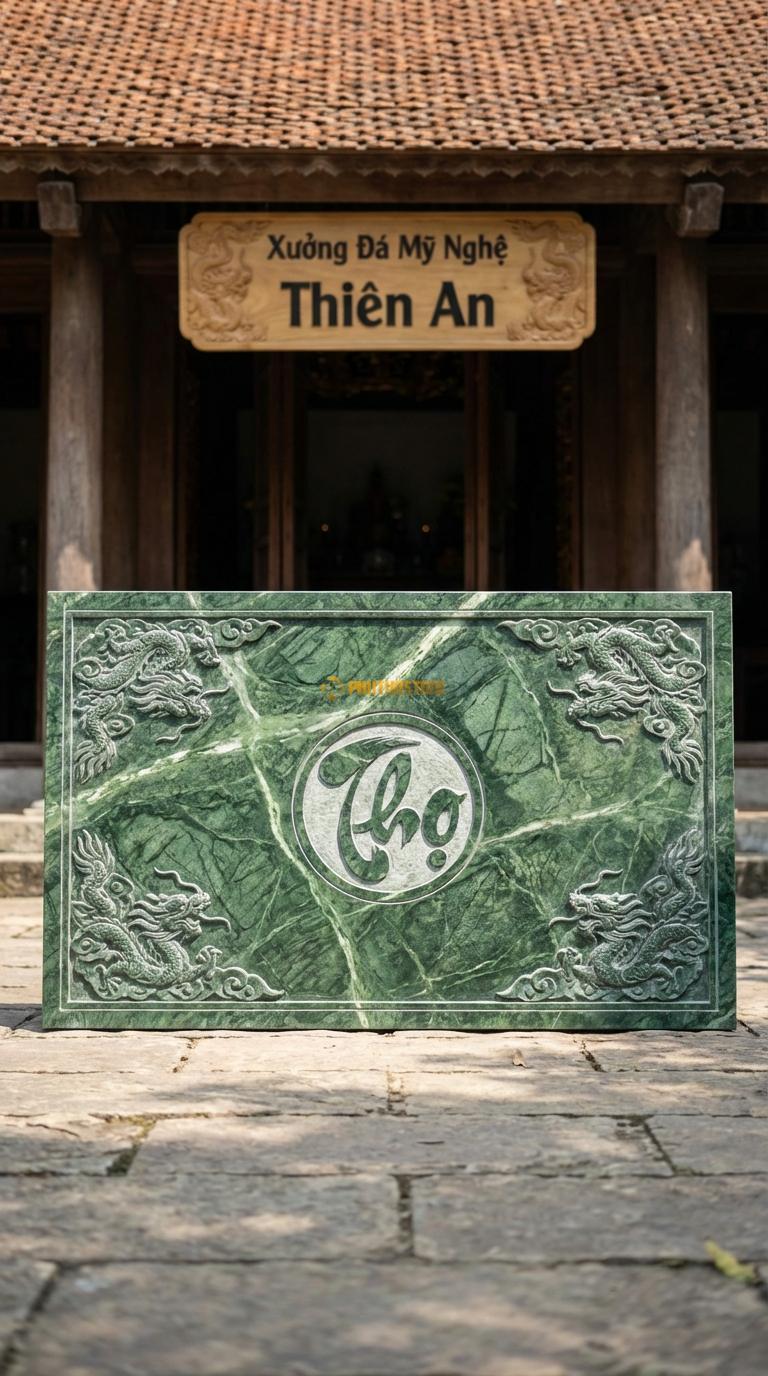 Chiếu Rồng Nhà Thờ Họ Đá Xanh Ấn Chữ Thọ Đỉnh (Chữ Thọ tròn ở giữa, 4 góc là 4 rồng mây nhỏ), Kích thước 89 x 147 (Chữ nhật)