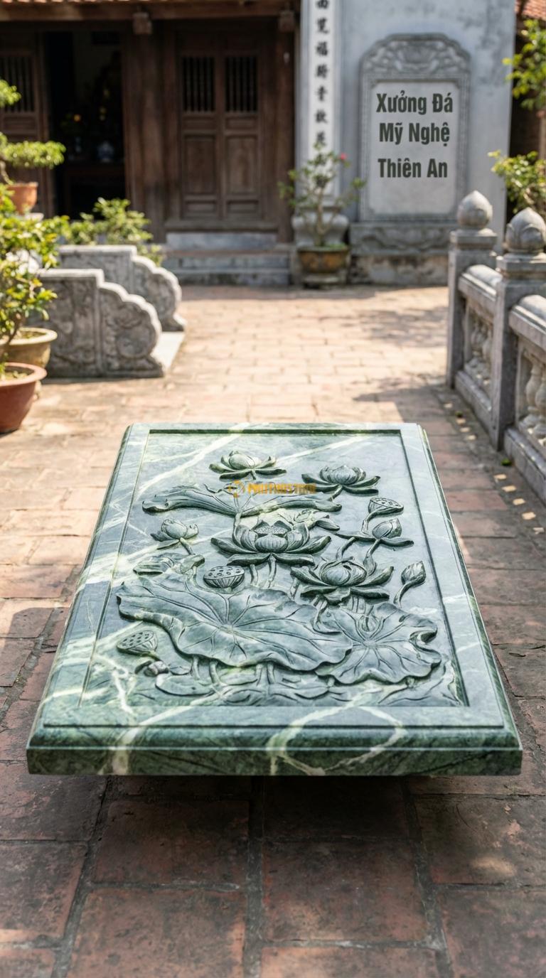 Chiếu Rồng Nhà Thờ Họ Đá Xanh Ấn Đầm Sen Tinh Khiết (Hoa sen, lá sen và đài sen tự nhiên, không có rồng), Kích thước 61 x 107 (Chữ nhật)