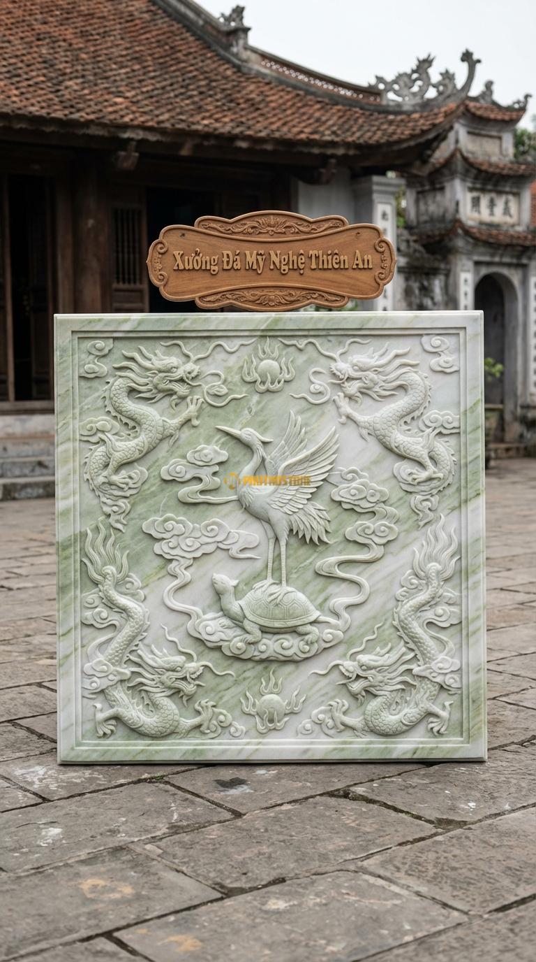 Chiếu Rồng Nhà Thờ Họ Đá Xanh Ấn Hạc Ngự Xe Mây (Chim hạc đứng trên lưng rùa hoặc cưỡi mây), Kích thước 107 x 107 (Vuông)