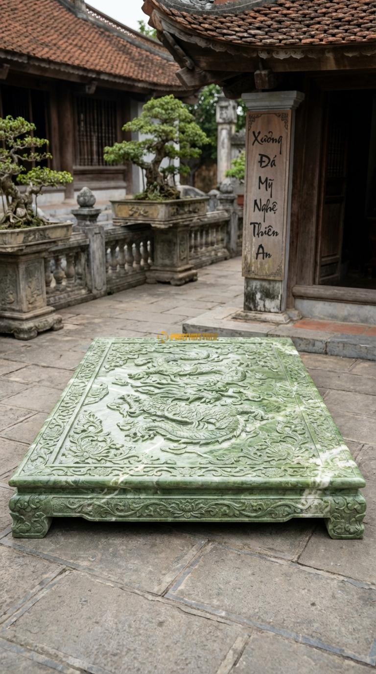 Chiếu Rồng Nhà Thờ Họ Đá Xanh Ấn Hoa Cúc Vạn Thọ (Hoa văn cúc dây leo phủ kín bề mặt), Kích thước 69 x 107 (Chữ nhật)