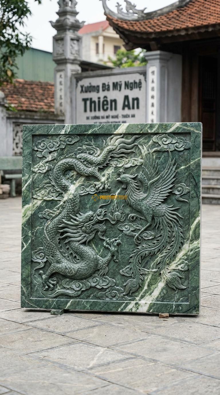 Chiếu Rồng Nhà Thờ Họ Đá Xanh Ấn Long Phượng Sum Vầy (Rồng và Phượng múa lượn đối xứng), Kích thước 117 x 117 (Vuông)