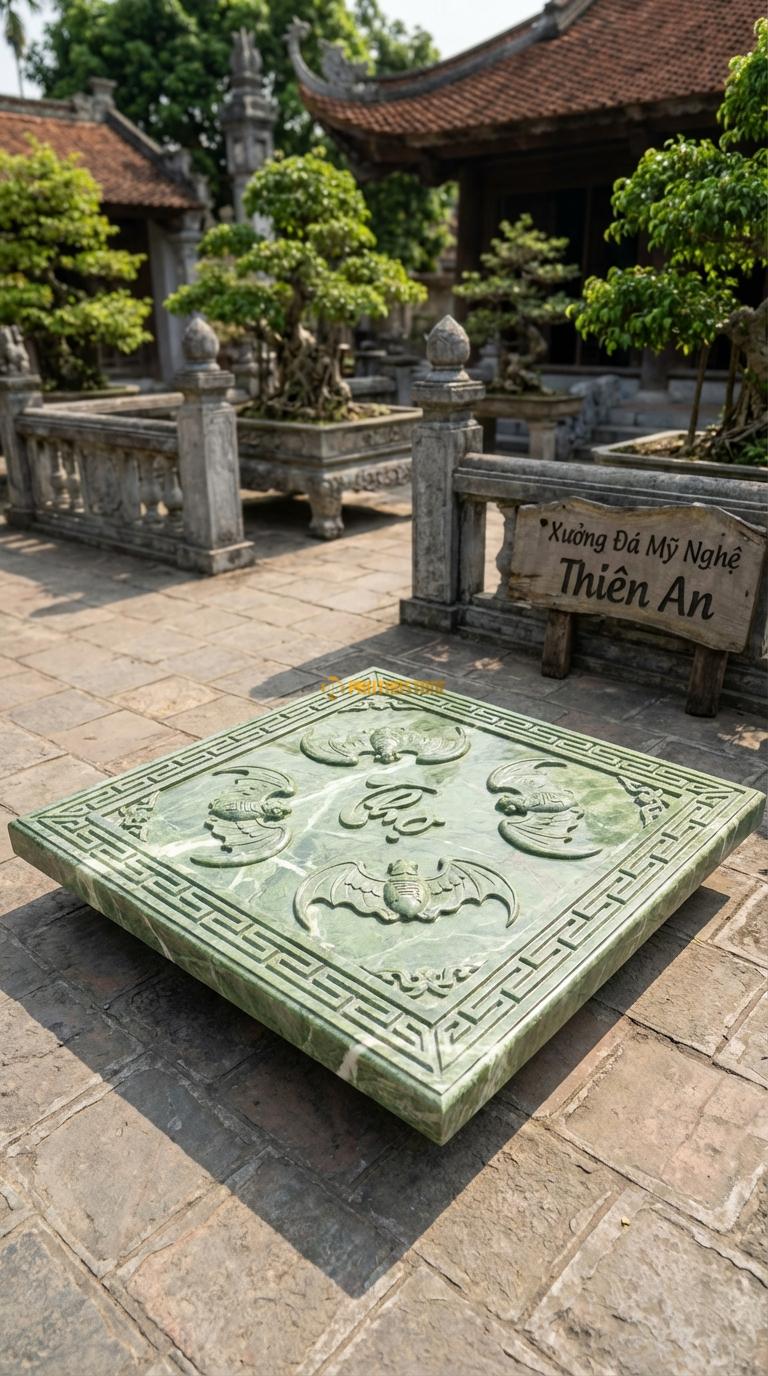 Chiếu Rồng Nhà Thờ Họ Đá Xanh Ấn Ngũ Phúc Lâm Môn (5 con dơi ngậm chữ Thọ, viền triện Tàu), Kích thước 127 x 127 (Vuông)