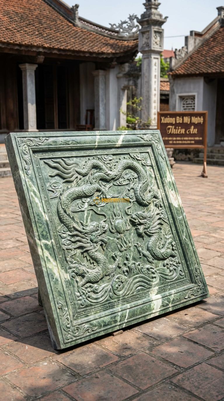 Chiếu Rồng Nhà Thờ Họ Đá Xanh Ấn Rồng Cuộn Thủy Ba (Rồng cưỡi sóng nước – phù hợp đình chùa gần sông nước), Kích thước 176 x 176 (Vuông)