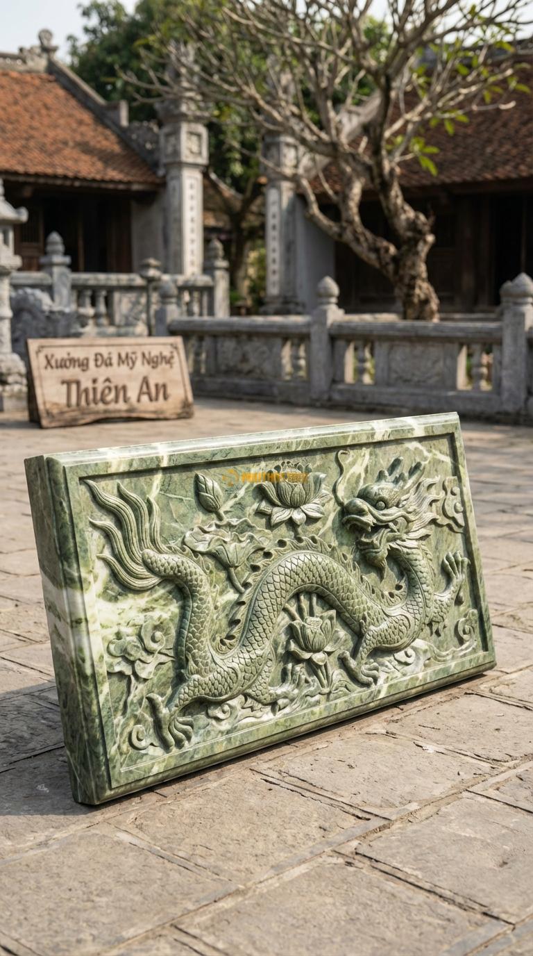 Chiếu Rồng Nhà Thờ Họ Đá Xanh Ấn Sen Hóa Rồng (Đóa sen nở rộ, các cánh sen cách điệu thành đầu rồng), Kích thước 81 x 127 (Chữ nhật)