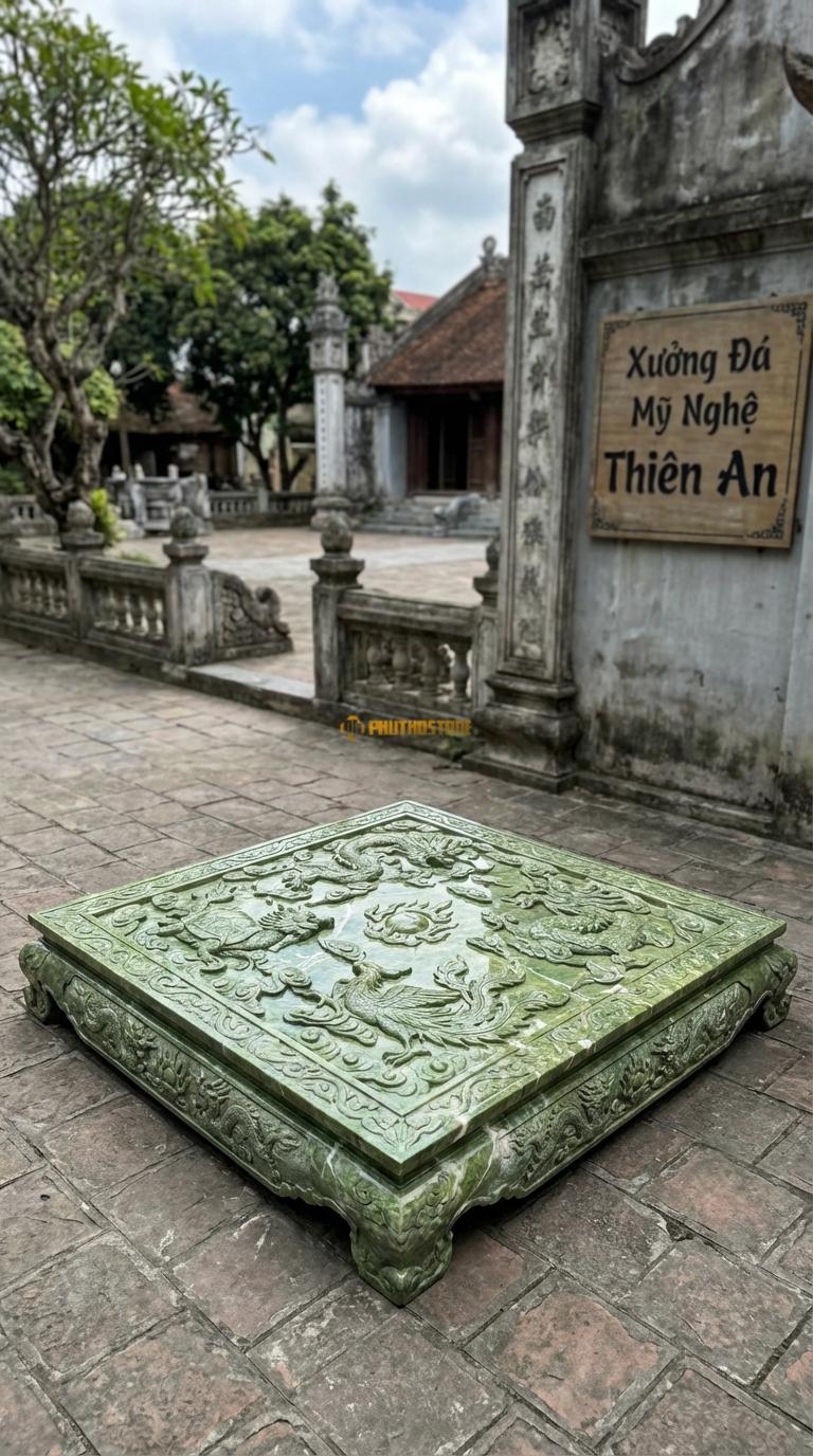 Chiếu Rồng Nhà Thờ Họ Đá Xanh Ấn Tứ Linh Hội Tụ (Long – Lân – Quy – Phụng xen kẽ mây lửa), Kích thước 155 x 155 (Vuông)