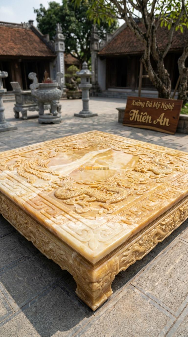 Chiếu Rồng Nhà Thờ Họ Ngọc hoàng long Long Phượng Sum Vầy (Rồng và Phượng múa lượn đối xứng), Kích thước 117 x 117 (Vuông)
