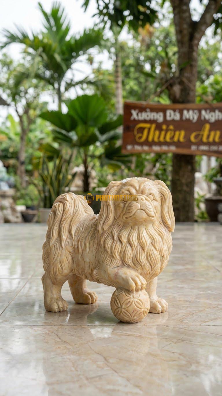 Chó Bắc Kinh (Sư Tử Đá Nhỏ) Bằng Đá Vàng Nghệ An, Kiểu Dáng Lông Xù, Chân Đạp Cầu. Kích Thước Cao 25cm.