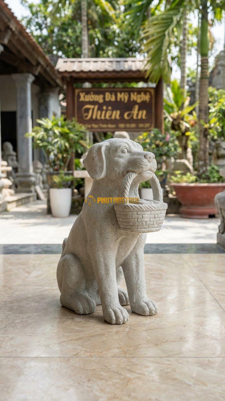 Chó Cầm Giỏ Đựng Tiền Bằng Đá Sa Thạch, Kiểu Dáng Ngồi Hai Chân Sau, Hai Chân Trước Ôm Giỏ. Kích Thước Cao 30cm.
