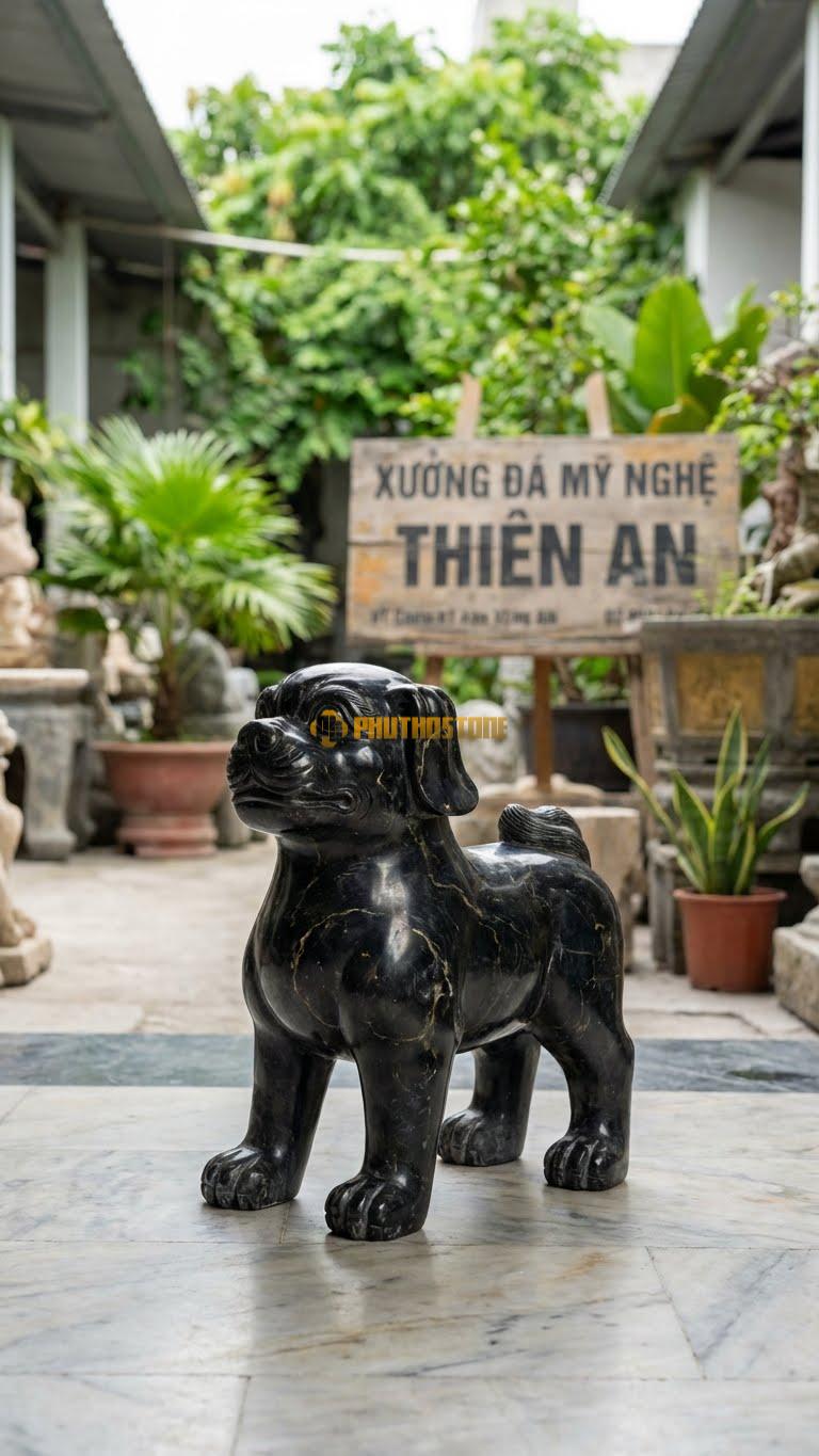 Chó Đá Cổ (Nghê) Bằng Đá Đen Chỉ Nâu, Kiểu Dáng Cách Điệu Kiểu Dân Gian Việt Nam. Kích Thước Cao 40cm.