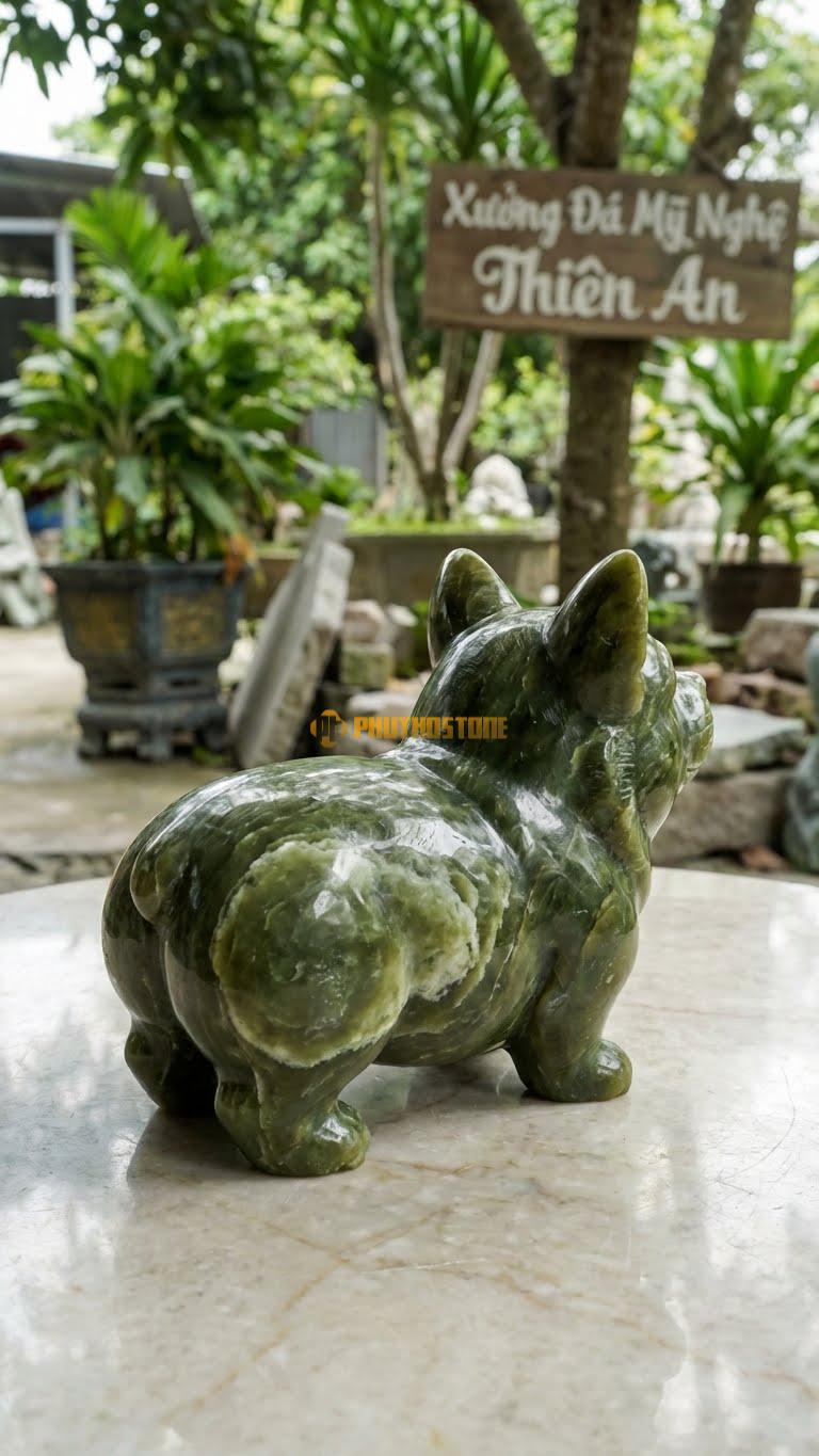 Chó Họa Hoạt Hình (Corgi/Pug) Bằng Đá Serpentine, Kiểu Dáng Mông To, Chân Ngắn. Kích Thước Dài 15cm.