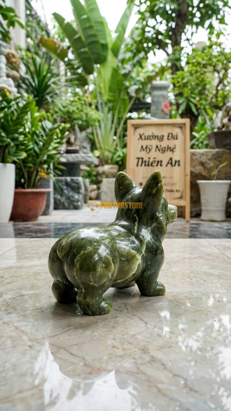 Chó Họa Hoạt Hình (Corgi/Pug) Bằng Đá Serpentine, Kiểu Dáng Mông To, Chân Ngắn. Kích Thước Dài 15cm.