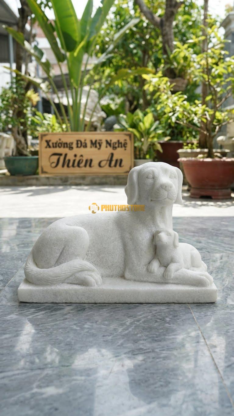 Chó Mẹ Con Bằng Đá Trắng Muối, Kiểu Dáng Kích Thước Dài 35cm.