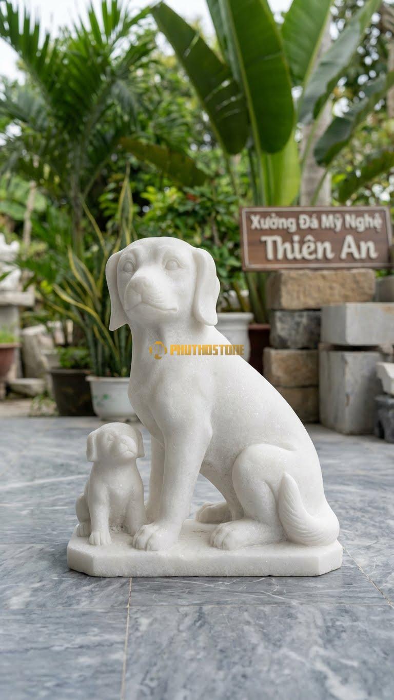 Chó Mẹ Con Bằng Đá Trắng Muối, Kiểu Dáng Kích Thước Dài 35cm.