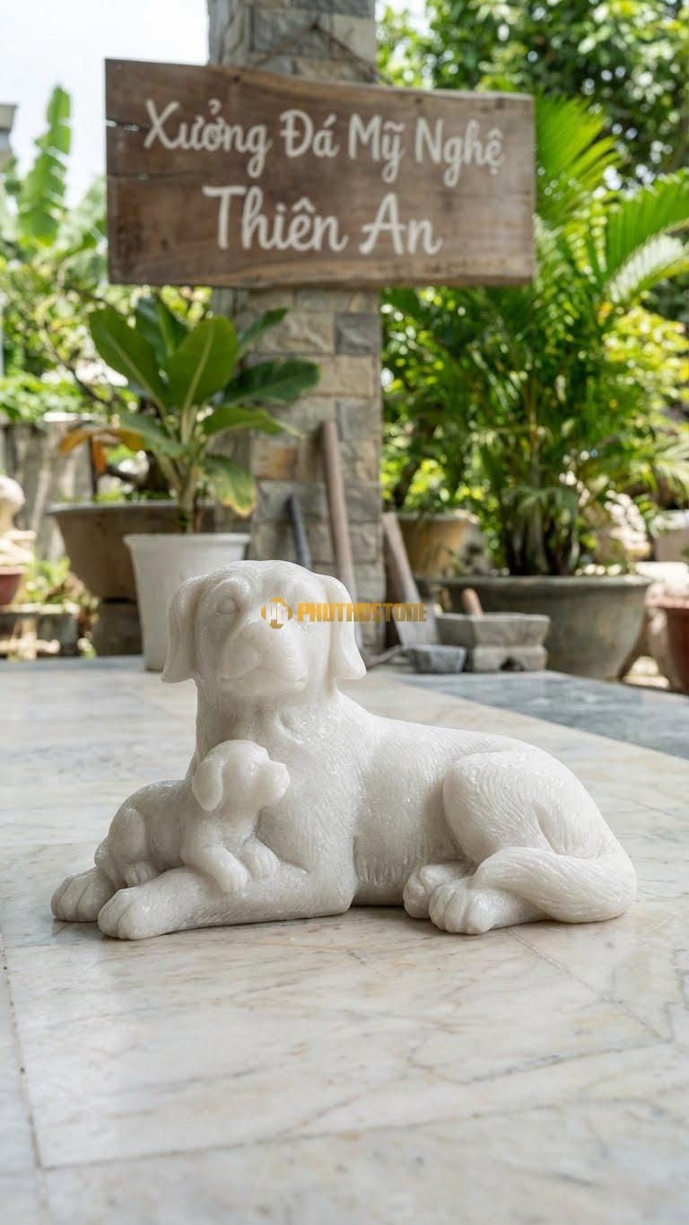 Chó Mẹ Con Bằng Đá Trắng Muối, Kiểu Dáng Kích Thước Dài 35cm.