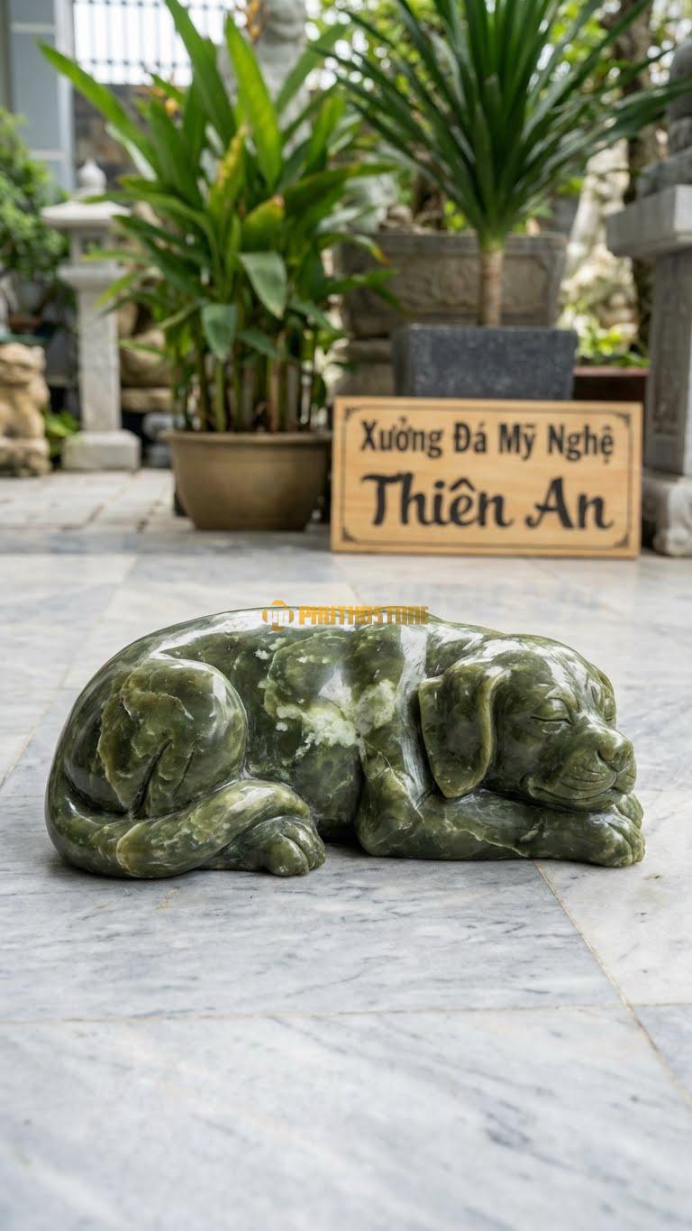 Chó Nằm Ngủ Yên Bình Bằng Đá Serpentine, Kiểu Dáng Kích Thước Dài 30cm.